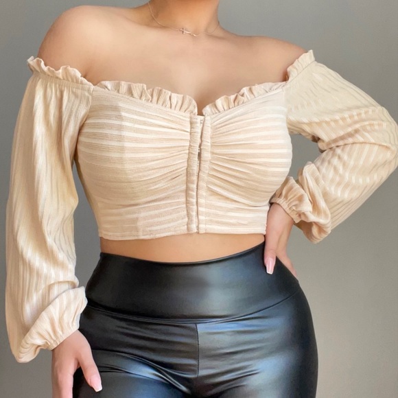 privy Tops - NEW Fashion Boutique Trendy Long Sleeve Off shoulders Crop top Blouse - Oatmeal